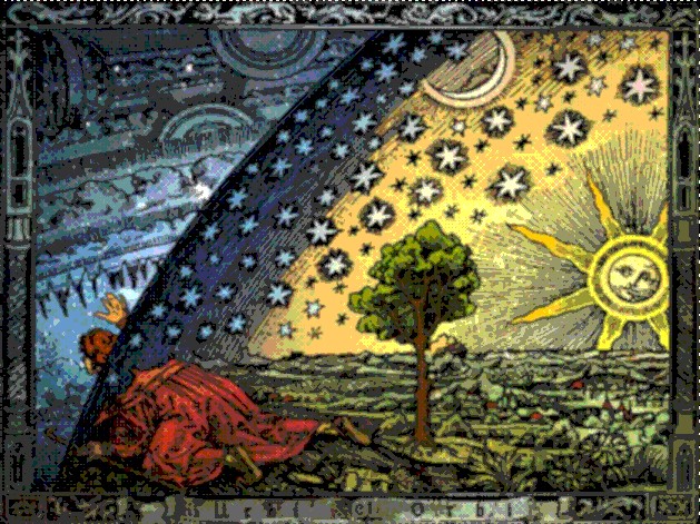 000 - From the visible to the invisible — Threshold of inquiry Anonymous engraving published in L'Atmosphère by Camille Flammarion (1888): a figure lifts a starry celestial vault to reveal a solar landscape beyond.