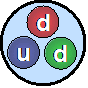 Simplified diagram of a neutron composed of three quarks: two down quarks (d) in red and green, and one up quark (u) in blue, arranged in a triangular pattern inside a light blue sphere. The image illustrates the alternation of quarks within a neutron.
