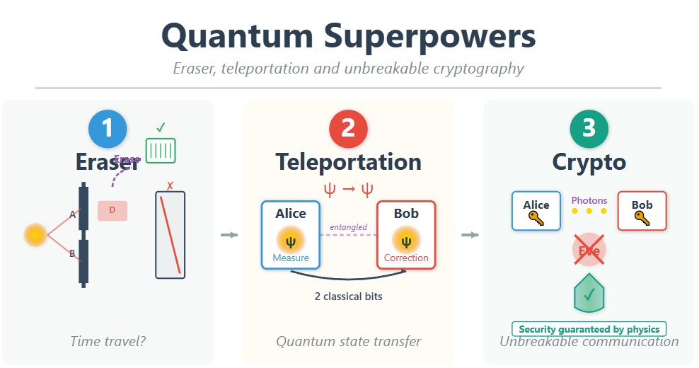 Illustration of the three main applications of quantum entanglement: eraser, teleportation, and secure key distribution.