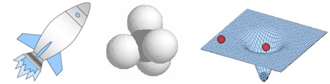 From left to right: a rocket in motion symbolizing a high-speed journey; a cluster of spheres representing matter; a grid warped by two masses illustrating the curvature of space-time.