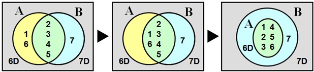 Three Venn-type diagrams showing a cosmic transition: in the first, sets A (6D) and B (7D) partially overlap; in the second, A is being integrated into B; in the third, A is fully included as a subspace within B.