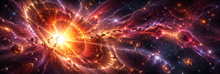 086 - Supernovae — coherence rupture and redistribution of matter Explosion of a massive star: a dense core surrounded by an expanding envelope.