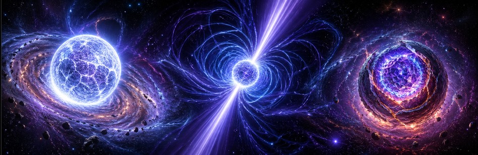 090 - Intermediate objects: pulsars, neutron stars, exotic cores Montage of compact objects: pulsar, neutron star, exotic configurations.