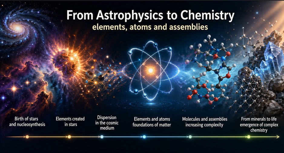 100 - From astrophysics to chemistry — elements, atoms and assemblies Transition from elements produced by stars toward atoms capable of assembling into chemical structures.