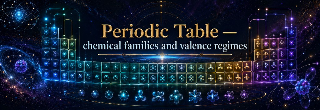102 - Periodic table — chemical families and valence regimes Periodic table read as the organization of chemical families according to their valence regimes.
