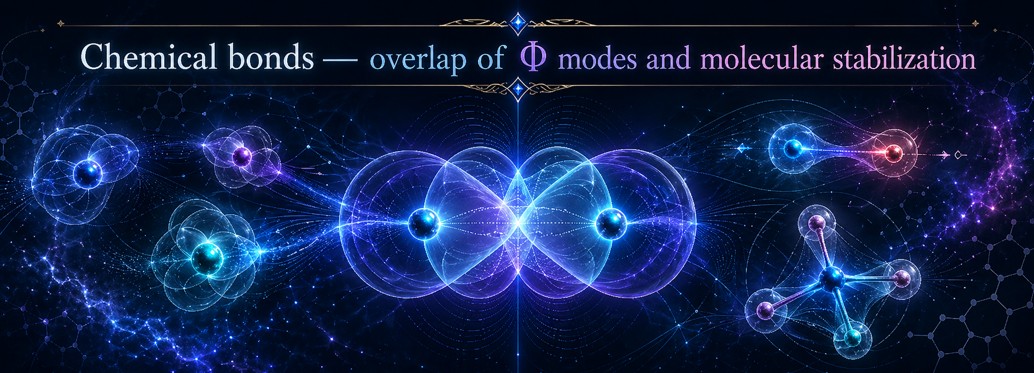 103 - Chemical bonds — overlap of Φ modes and molecular stabilization Chemical bonds interpreted as overlaps of Φ modes and stabilization between atomic centers.
