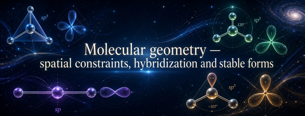 104 - Molecular geometry — spatial constraints, hybridization and stable forms Molecular geometry showing stable forms arising from spatial constraints and bonding modes.