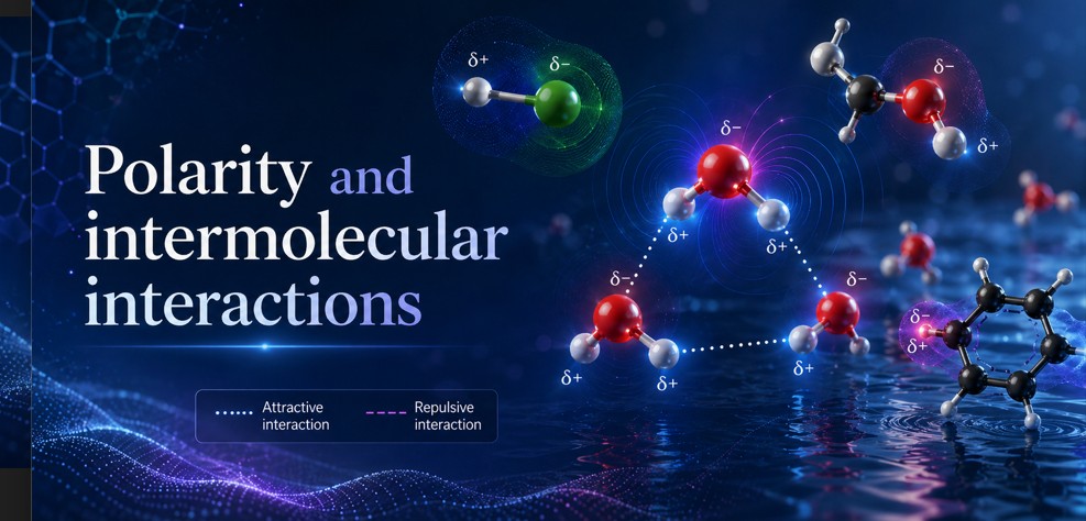 105 - Polarity and intermolecular interactions — partial charges, dipoles and weak coherence Polar molecules, dipoles and weak interactions between partially charged regions.