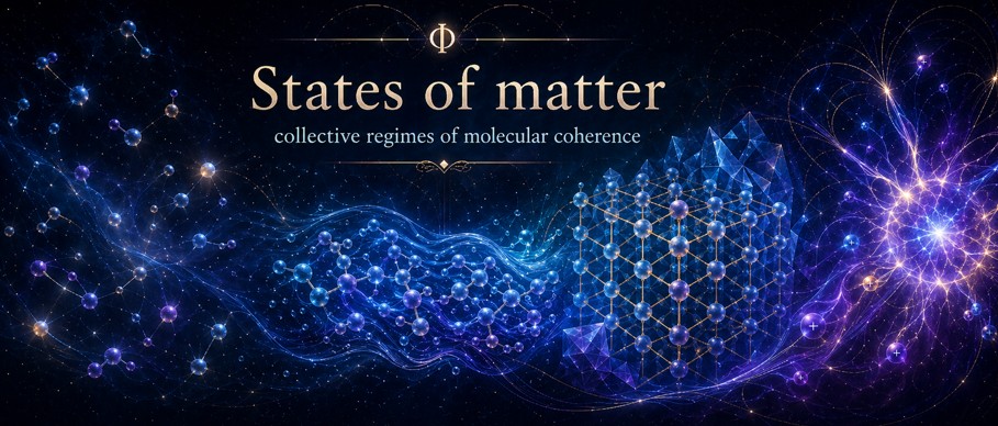 108 - States of matter — collective regimes of molecular coherence Solid, liquid, gas and plasma as collective regimes of coherence between material entities.