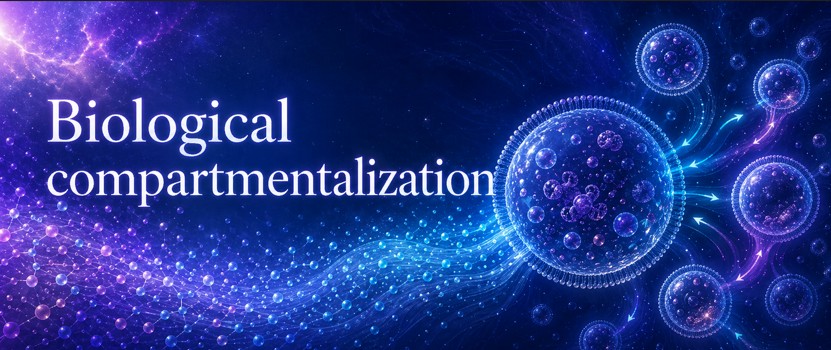 121 - Biological compartmentalization — membranes, gradients and individuation Minimal biological compartment showing membrane, gradients, inside, outside and controlled exchanges.