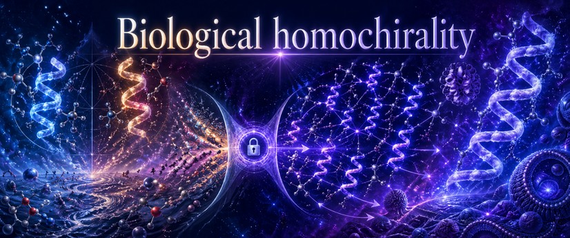 125 - Biological homochirality — amplification, locking and shared orientation Amplification of a shared chiral orientation in a prebiotic and then biological network.
