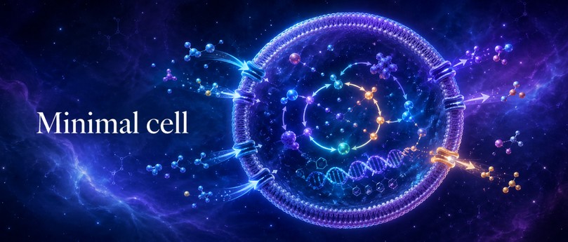 126 - Minimal cell — integration of compartment, metabolism, information and transmission Minimal cell integrating membrane, flows, metabolism, information and controlled exchanges.