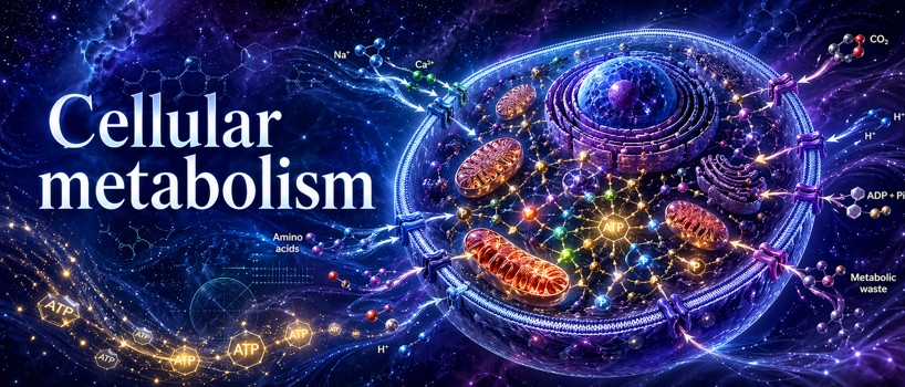 128 - Cellular metabolism — energy, flows and maintenance of organization Cellular metabolism showing energy flows, ATP, gradients, coupled reactions and maintenance of organization.