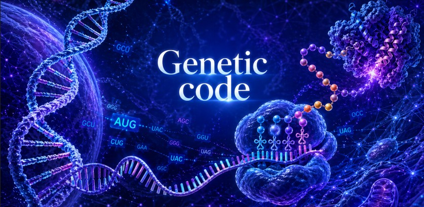 130 - Genetic code — translation, robustness and sequence-function correspondence Genetic code showing codons, amino acids, translation, redundancy and error robustness.