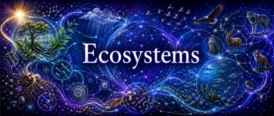 135 - Ecosystems — trophic networks, cycles and relational stability Ecosystem showing trophic networks, matter cycles, energy flows and relational stability.