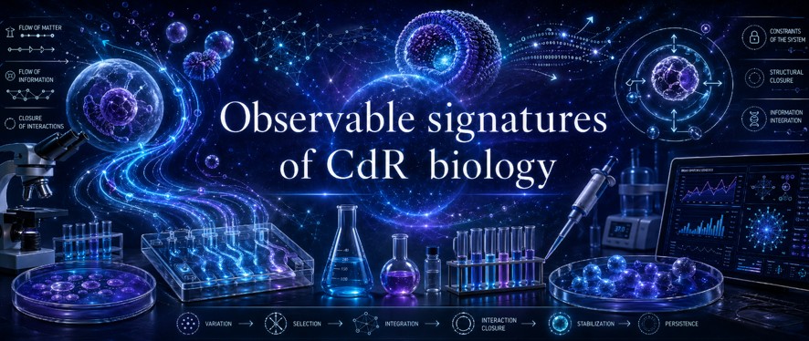 136 - Observable signatures of CdR biology — flows, information, closure and constraints Conceptual map linking flows, information, closure, memory, selection and experimental constraints of CdR biology.