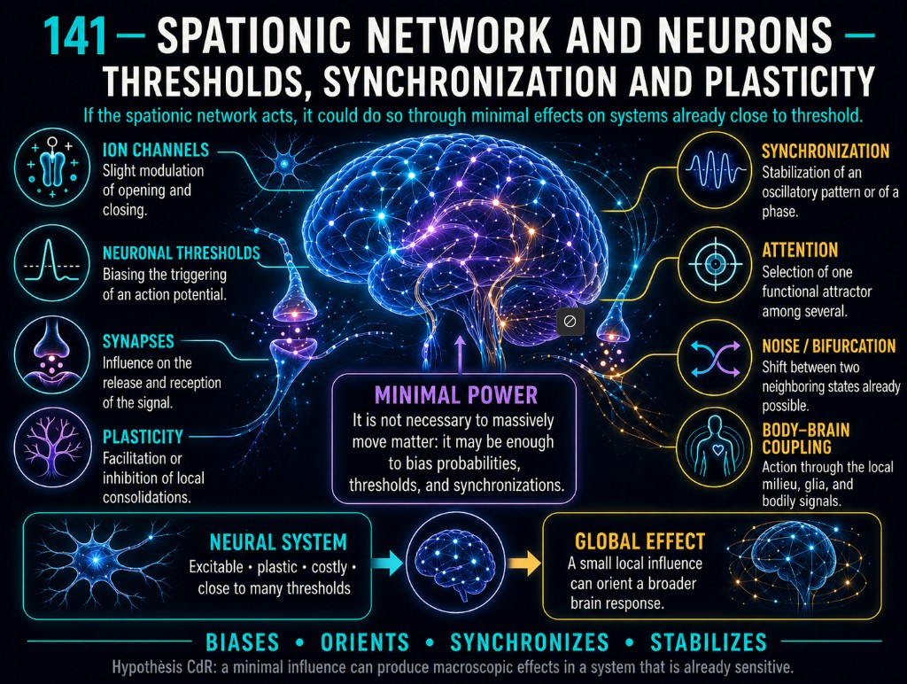 141 - Spationic Network and Neurons — Thresholds, Synchronization and Plasticity Spationic network and neurons, thresholds, synchronization and plasticity.