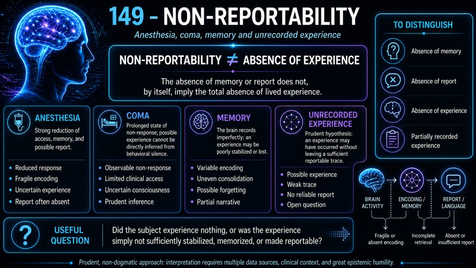 149 - Non-Reportability — Anesthesia, Coma, Memory and Unrecorded Experience Non-reportability, anesthesia, coma, memory and unrecorded experience.