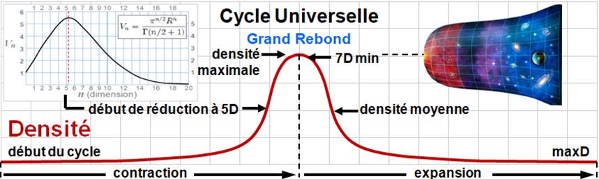 Graphique illustrant le cycle universel : la densité de l’univers augmente progressivement durant la contraction, atteint un maximum au moment du Grand Rebond, puis diminue lors de l’expansion. Une coupe de l’univers en expansion est visible à droite. En haut à gauche, un graphique montre le volume d’une hypersphère selon le nombre de dimensions.