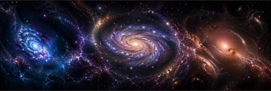 089 - Évolution des galaxies sur un cycle cosmique Silhouettes de galaxies, de jeunes et compactes à anciennes et diffuses.