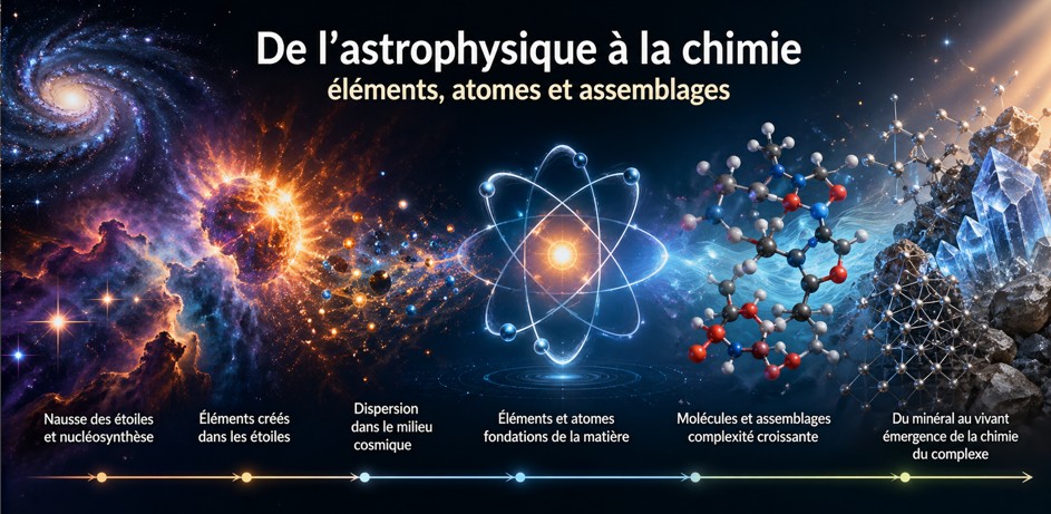 100 - De l’astrophysique à la chimie — éléments, atomes et assemblages Transition des éléments produits par les étoiles vers des atomes capables de s’assembler en structures chimiques.