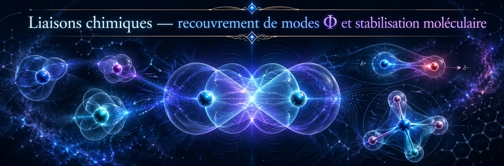 103 - Liaisons chimiques — recouvrement de modes Φ et stabilisation moléculaire Liaisons chimiques interprétées comme recouvrements de modes Φ et stabilisation entre centres atomiques.