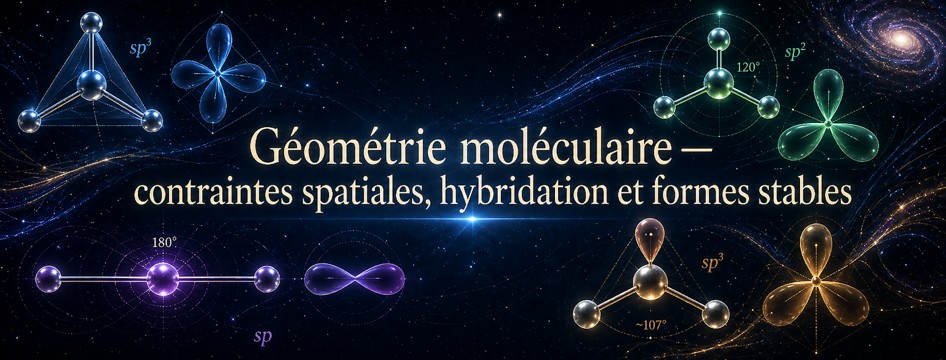 104 - Géométrie moléculaire — contraintes spatiales, hybridation et formes stables Géométrie moléculaire montrant des formes stables issues de contraintes spatiales et de modes de liaison.