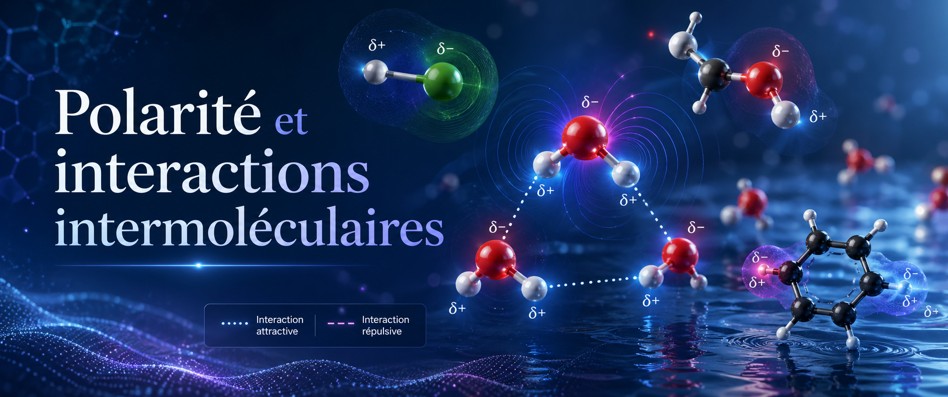 105 - Polarité et interactions intermoléculaires — charges partielles, dipôles et cohérence faible Molécules polaires, dipôles et interactions faibles entre régions partiellement chargées.