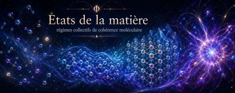 108 - États de la matière — régimes collectifs de cohérence moléculaire Solide, liquide, gaz et plasma comme régimes collectifs de cohérence entre entités matérielles.