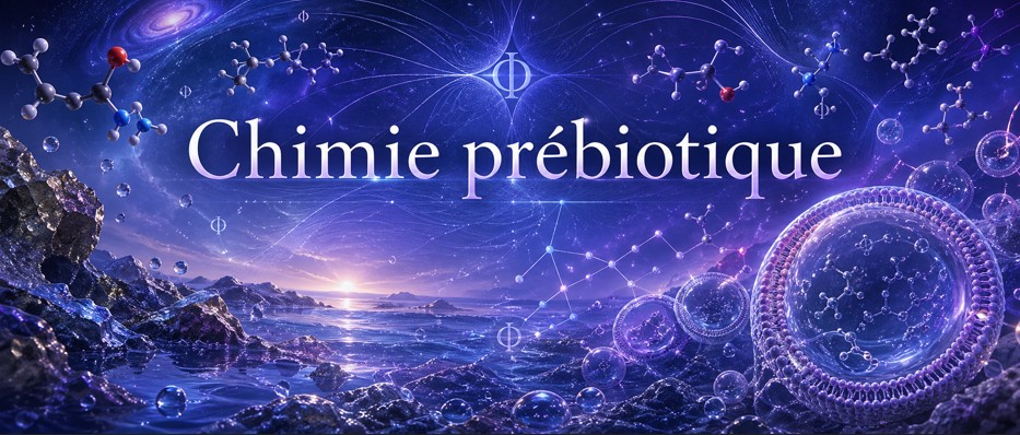 110 - Chimie prébiotique — cycles, compartiments et proto-métabolismes Milieu prébiotique montrant cycles chimiques, compartiments et proto-métabolismes.
