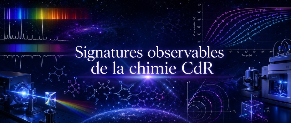 111 - Signatures observables de la chimie CdR — spectres, cinétiques et contraintes Carte conceptuelle reliant spectres, cinétiques, polarité, catalyse et contraintes expérimentales de la chimie CdR.