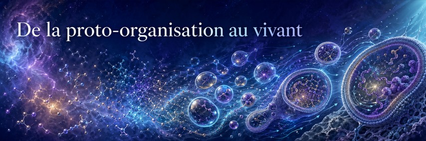 120 - De la proto-organisation au vivant — systèmes, flux et maintien de soi Transition entre réseaux chimiques prébiotiques, systèmes compartimentés, flux et premiers régimes de maintien de soi.