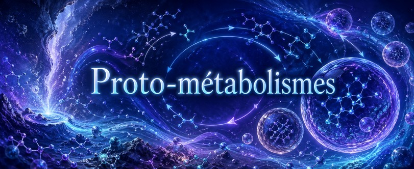 122 - Proto-métabolismes — cycles, couplages et persistance hors équilibre Réseau proto-métabolique avec cycles, flux entrants, flux sortants et maintien hors équilibre.