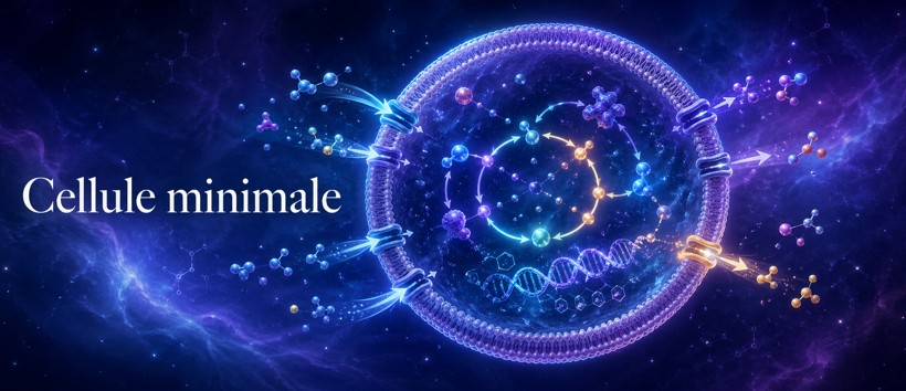 126 - Cellule minimale — intégration du compartiment, du métabolisme, de l’information et de la transmission Cellule minimale intégrant membrane, flux, métabolisme, information et échanges contrôlés.