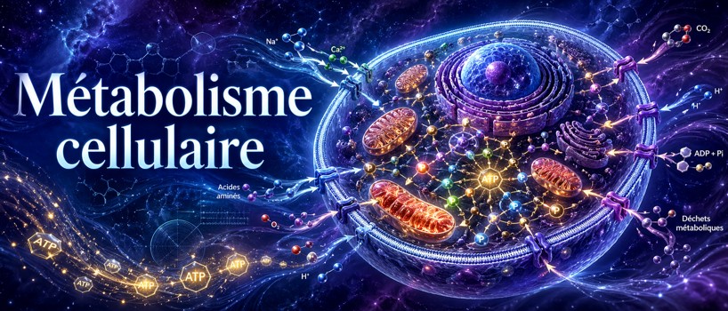 128 - Métabolisme cellulaire — énergie, flux et maintien de l’organisation Métabolisme cellulaire montrant flux d’énergie, ATP, gradients, réactions couplées et maintien de l’organisation.
