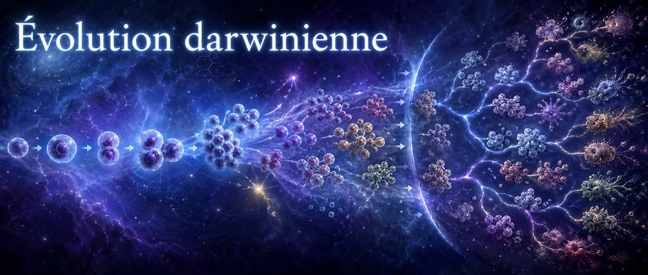 129 - Évolution darwinienne — populations, mutations et sélection cumulative Population vivante montrant variation, héritabilité, contraintes de milieu et sélection cumulative.