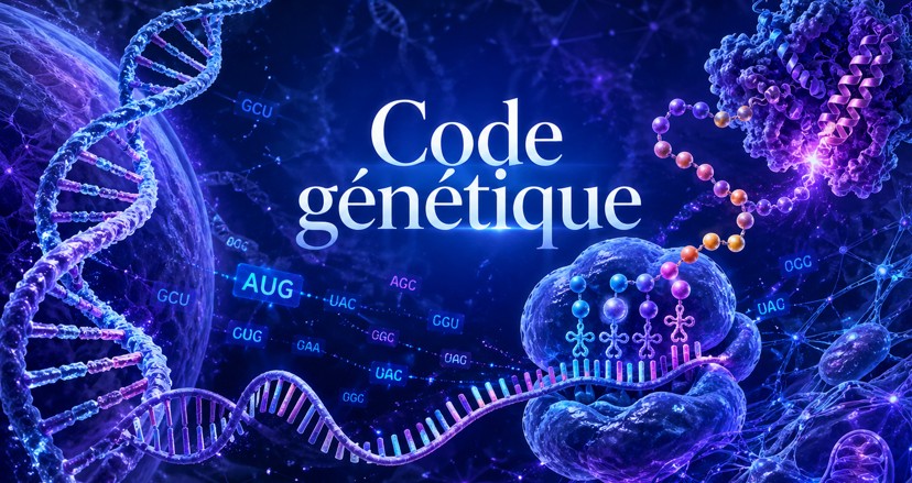 130 - Code génétique — traduction, robustesse et correspondance séquence-fonction Code génétique montrant codons, acides aminés, traduction, redondance et robustesse aux erreurs.