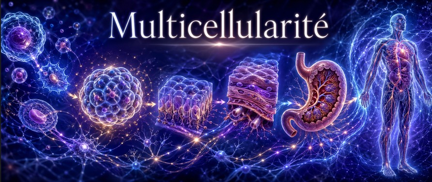 132 - Multicellularité — coordination, spécialisation et intégration du vivant Organisation multicellulaire montrant cellules, tissus, organes, coordination et intégration du vivant.