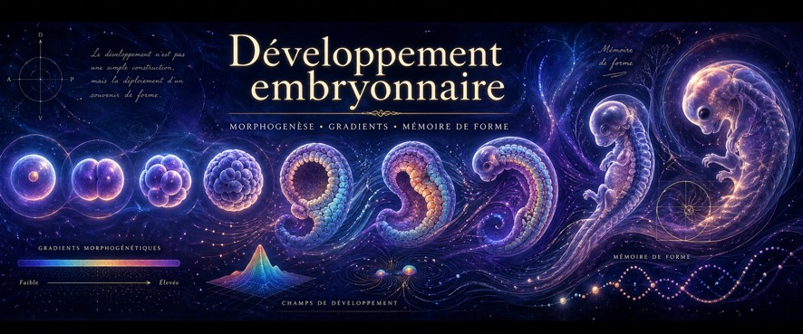 133 - Développement embryonnaire — morphogenèse, gradients et mémoire de forme Développement embryonnaire montrant gradients, différenciation, morphogenèse et mémoire de forme.