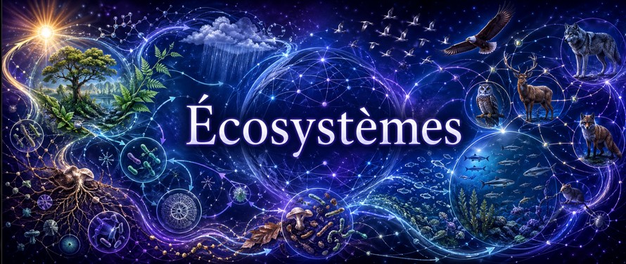 135 - Écosystèmes — réseaux trophiques, cycles et stabilité relationnelle Écosystème montrant réseaux trophiques, cycles de matière, flux d’énergie et stabilité relationnelle.