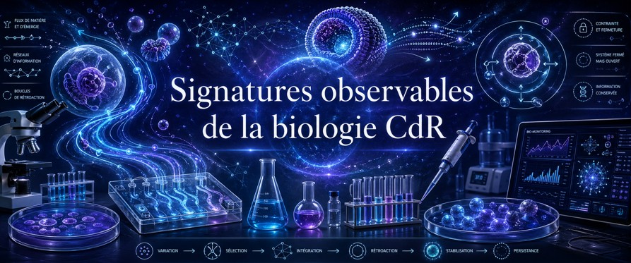 136 - Signatures observables de la biologie CdR — flux, information, clôture et contraintes Carte conceptuelle reliant flux, information, clôture, mémoire, sélection et contraintes expérimentales de la biologie CdR.