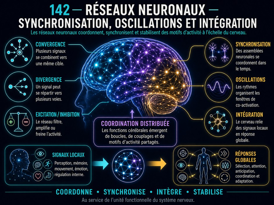 142 - Réseaux neuronaux — synchronisation, oscillations et intégration Réseaux neuronaux, synchronisation, oscillations et intégration.