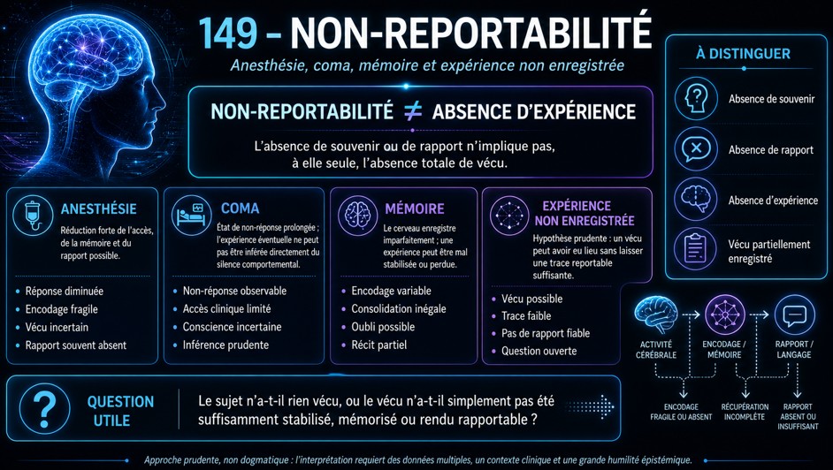 149 - Non-reportabilité — anesthésie, coma, mémoire et expérience non enregistrée Non-reportabilité, anesthésie, coma, mémoire et expérience non enregistrée.