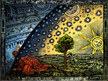 Flammarion engraving: a traveler lifts a starry celestial vault to discover a radiant landscape beyond.